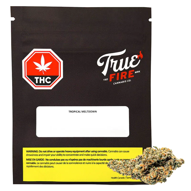 Front-facing black pouch labeled True Fire Tropical Meltdown with a red THC stop-sign logo and a small cannabis bud at the lower right.