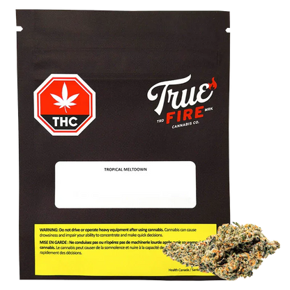 Front-facing black pouch labeled True Fire Tropical Meltdown with a red THC stop-sign logo and a small cannabis bud at the lower right.
