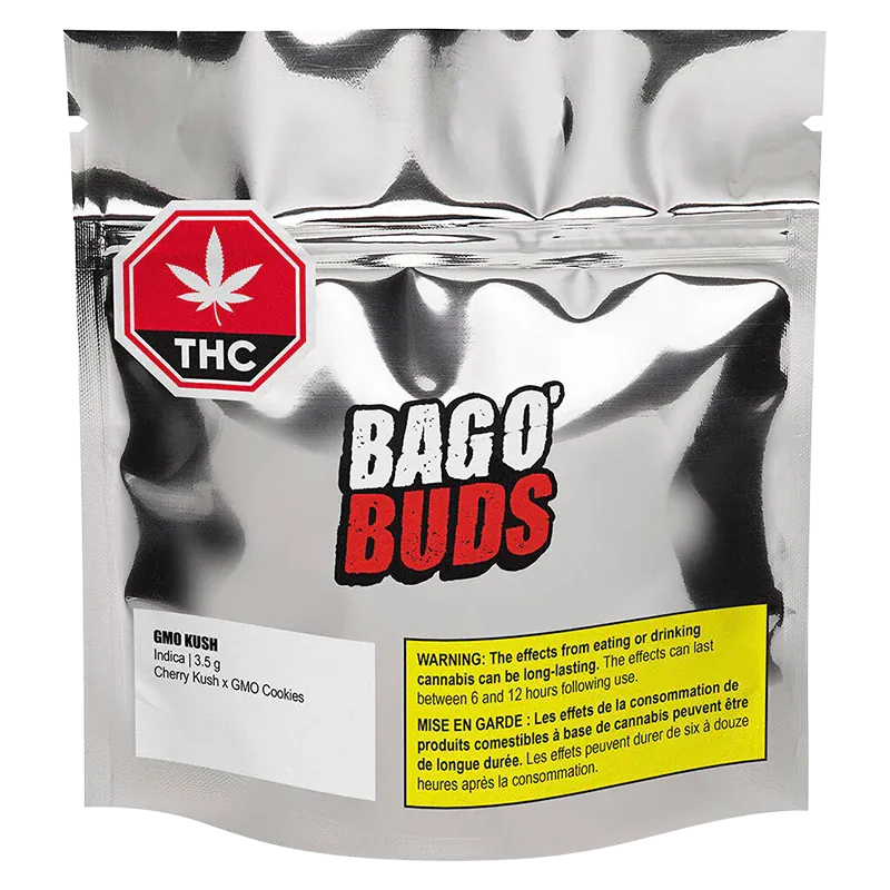 Front view of the metallic pouch labeled BAGO' BUDS containing GMO Kush with a red THC stop sign logo and yellow warning box.