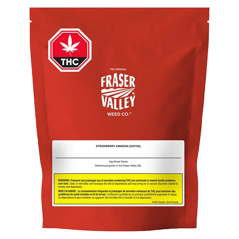 Front-facing red pouch labeled "Fraser Valley Strawberry Amnesia" with white logo centered and a white product/info panel near the bottom.