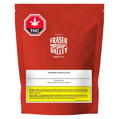 Front-facing red pouch labeled "Fraser Valley Strawberry Amnesia" with white logo centered and a white product/info panel near the bottom.