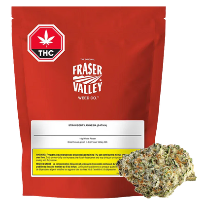 Front-facing red pouch labeled Fraser Valley Strawberry Amnesia with a THC symbol and a cannabis bud at the lower right.