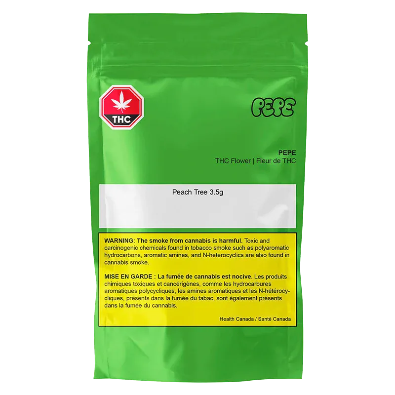 Front-facing green resealable pouch labeled "Peach Tree" with a white product strip, THC symbol, and yellow health warning, showing the PEPE brand at top.