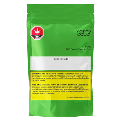 Front-facing green resealable pouch labeled "Peach Tree" with a white product strip, THC symbol, and yellow health warning, showing the PEPE brand at top.