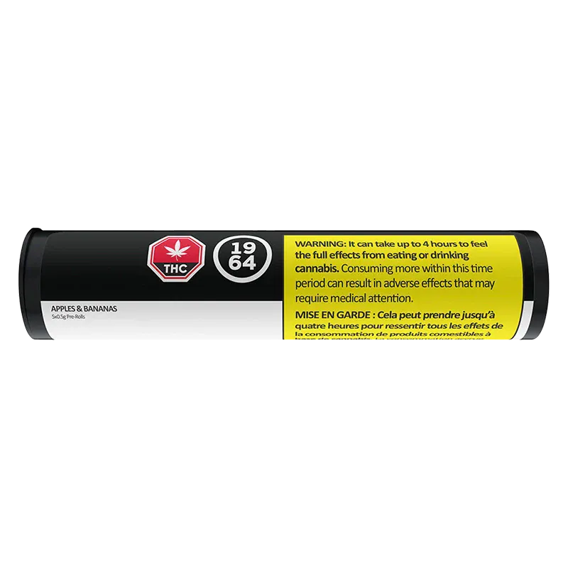 Horizontal product shot of the Apples & Bananas PR 5 x 0.5 g tube on a white background, showing black packaging with a red THC icon and a yellow warning panel.