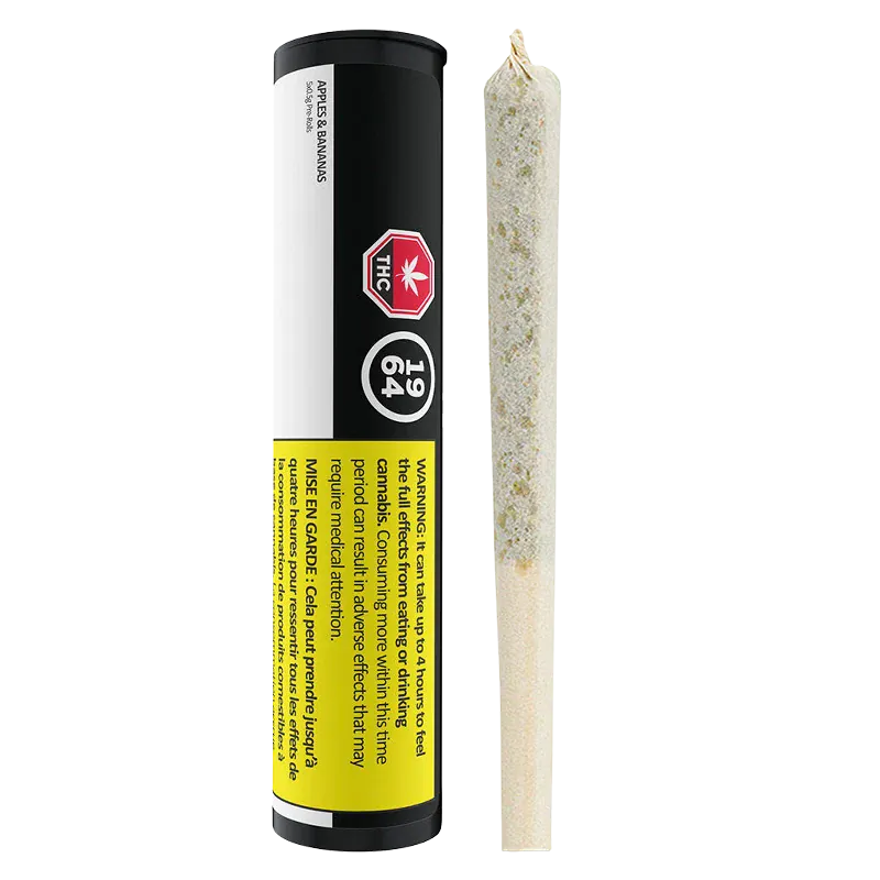 Vertical product shot of Apples & Bananas PR 5 x 0.5 g showing the black cylindrical tube with warning labels beside a close-up of the rolled joint.