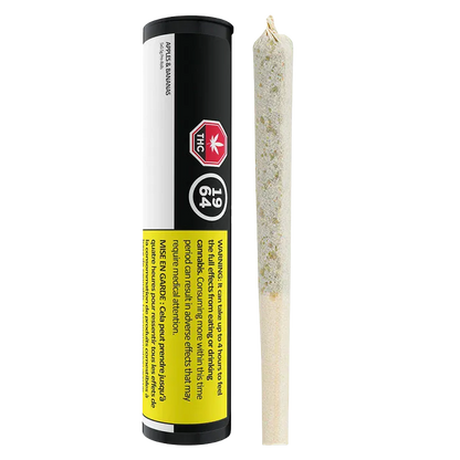 Vertical product shot of Apples & Bananas PR 5 x 0.5 g showing the black cylindrical tube with warning labels beside a close-up of the rolled joint.