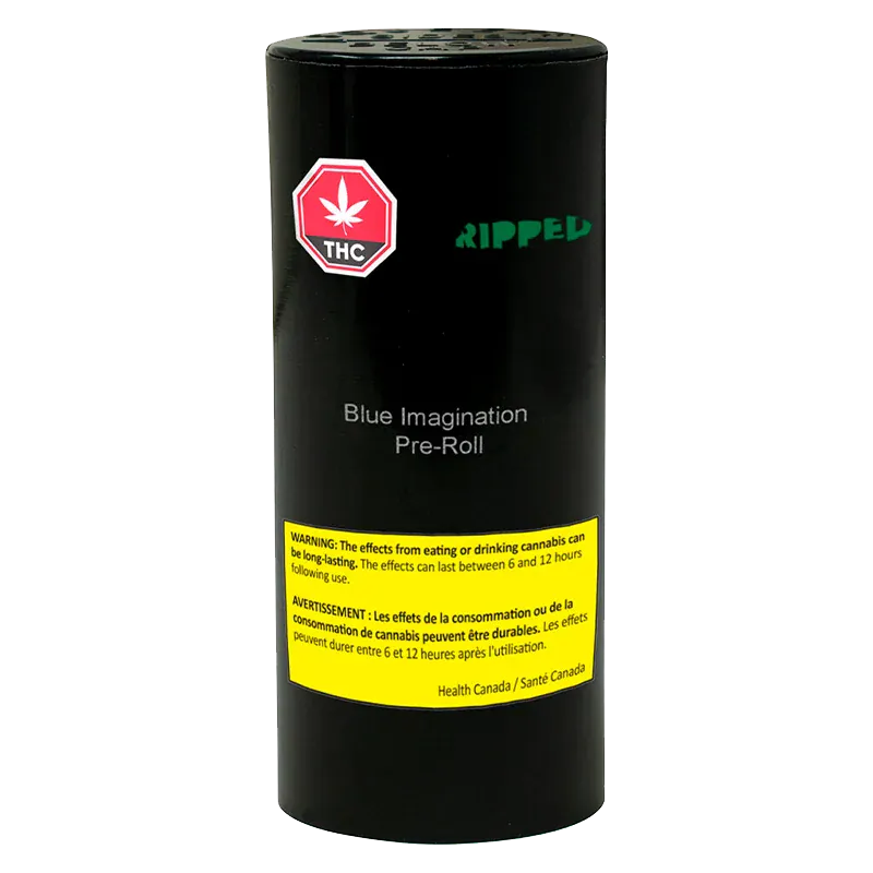 Straight-on view of a black cylindrical Blue Imagination PR 7 x 0.5 g pre-roll container with a red THC symbol and yellow warning label.