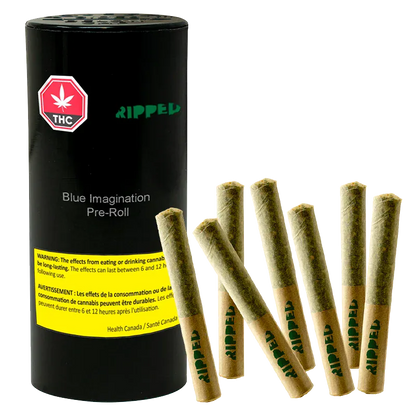 Front-lit image of a black cylindrical canister and seven standing pre-rolls labeled "Blue Imagination PR 7 x 0.5 g" arranged in a slight arc.