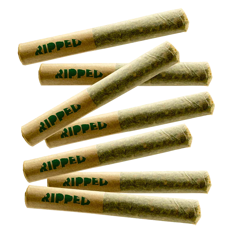 Top-down view of seven pre-rolled joints labeled "RIPPED" arranged in a scattered fan, shown as Blue Imagination PR 7 x 0.5 g.