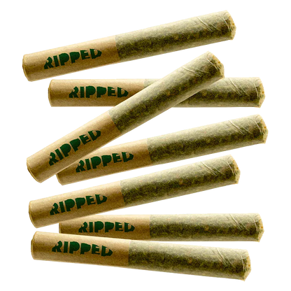 Top-down view of seven pre-rolled joints labeled "RIPPED" arranged in a scattered fan, shown as Blue Imagination PR 7 x 0.5 g.