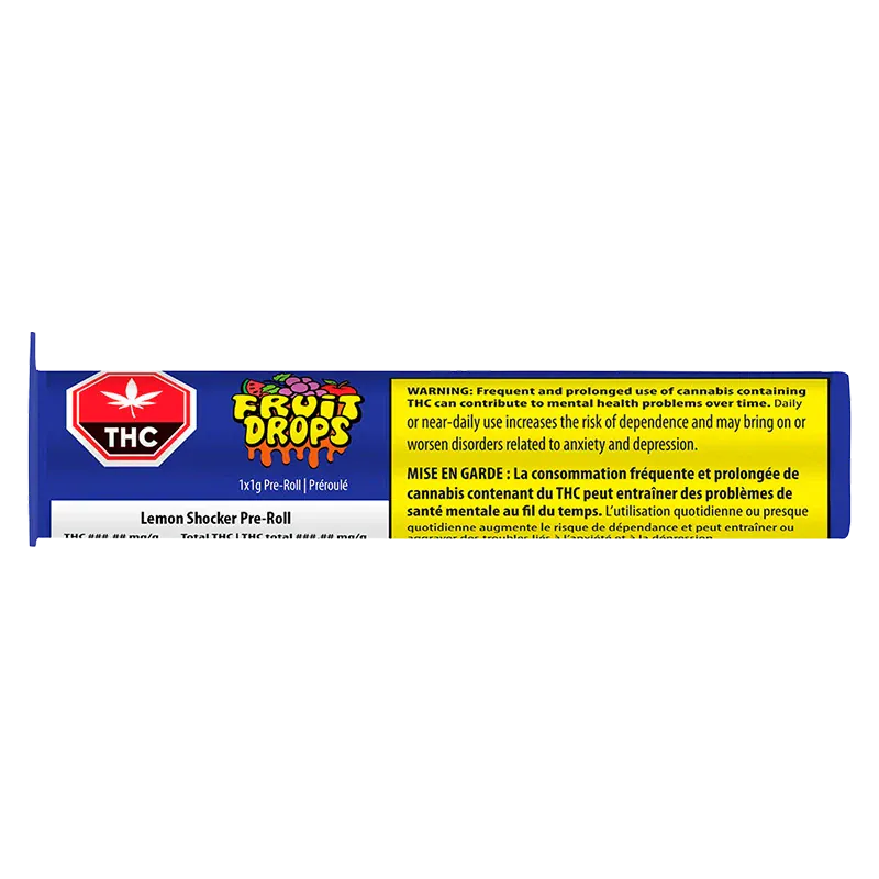 Front-facing close-up of the Lemon Shocker PR 1 x 1 g packaging strip showing colorful Fruit Drops branding and a yellow THC warning panel.
