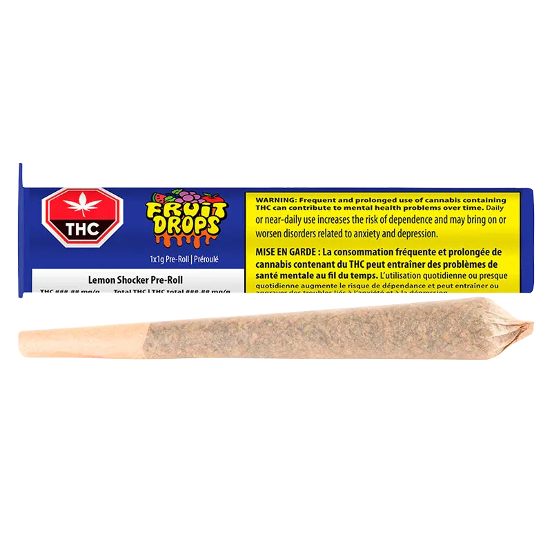Close-up, front-on view of a 1 g Lemon Shocker PR 1 x 1 g pre-roll resting below its colorful Fruit Drops branded blue and yellow packaging.