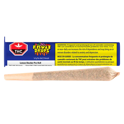 Close-up, front-on view of a 1 g Lemon Shocker PR 1 x 1 g pre-roll resting below its colorful Fruit Drops branded blue and yellow packaging.