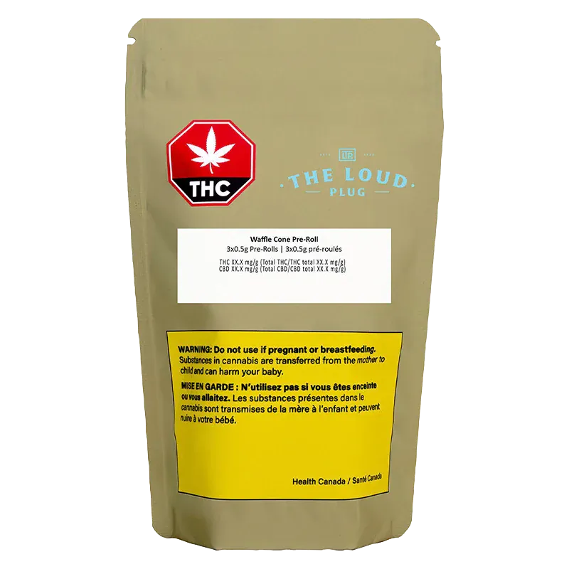 Front view of a tan pouch labeled "Waffle Cone PR 3 x 0.5 g" with a red THC emblem, blue "The Loud Plug" logo, and a yellow warning panel.