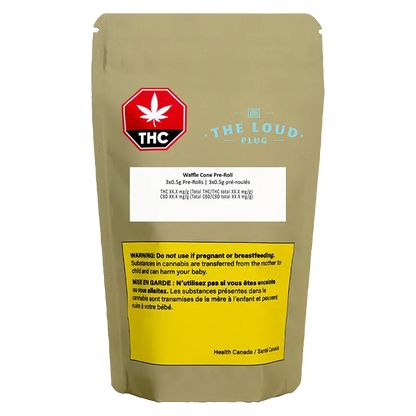 Front view of a tan pouch labeled "Waffle Cone PR 3 x 0.5 g" with a red THC emblem, blue "The Loud Plug" logo, and a yellow warning panel.