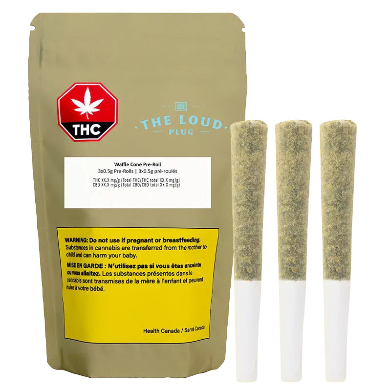 Front view of a standing beige pouch and three upright pre-rolls showing the Waffle Cone PR 3 x 0.5 g packaging and joint details.