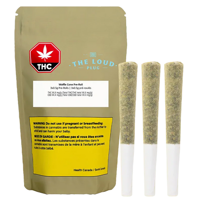 Front view of a standing beige pouch and three upright pre-rolls showing the Waffle Cone PR 3 x 0.5 g packaging and joint details.