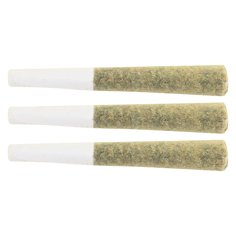 Three horizontal Waffle Cone PR 3 x 0.5 g pre-rolls shown in close-up on a white background, tips to the left.