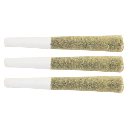 Three horizontal Waffle Cone PR 3 x 0.5 g pre-rolls shown in close-up on a white background, tips to the left.
