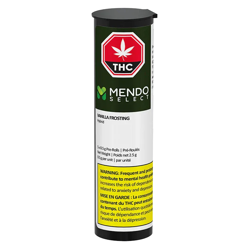 Cylindrical front view of a black-capped tube labeled "Vanilla Frosting PR 5 x 0.5 g" by Mendo Select, showing the green logo, red THC symbol, and yellow warning panel.