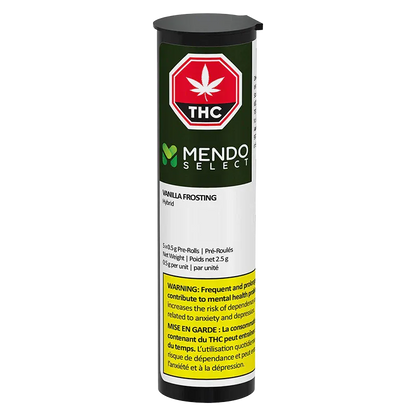 Cylindrical front view of a black-capped tube labeled "Vanilla Frosting PR 5 x 0.5 g" by Mendo Select, showing the green logo, red THC symbol, and yellow warning panel.