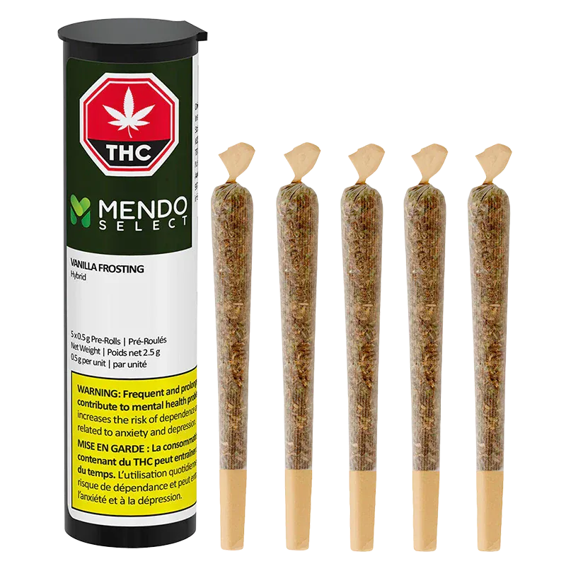 Clear product shot of a vertical Mendo Select Vanilla Frosting PR 5 x 0.5 g tube next to five upright pre-rolls on a white background.