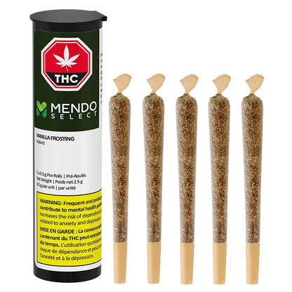 Clear product shot of a vertical Mendo Select Vanilla Frosting PR 5 x 0.5 g tube next to five upright pre-rolls on a white background.