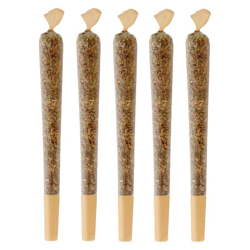 Five evenly spaced pre-rolled sticks photographed head-on against a white background, labeled Vanilla Frosting PR 5 x 0.5 g.