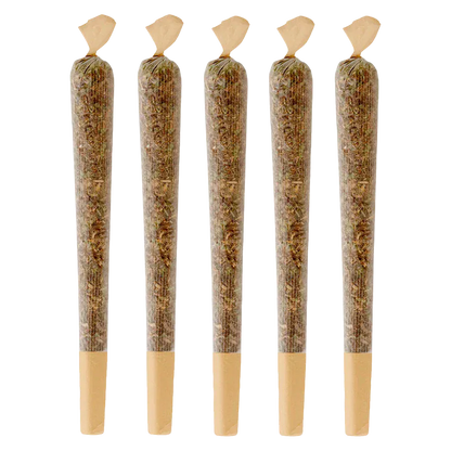 Five evenly spaced pre-rolled sticks photographed head-on against a white background, labeled Vanilla Frosting PR 5 x 0.5 g.