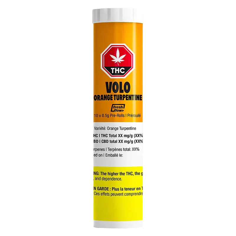 Front-on view of a tall yellow tube labeled "Orange Turpentine PR 10 x 0.5 g" with a red THC stop sign logo and black VOLO branding.