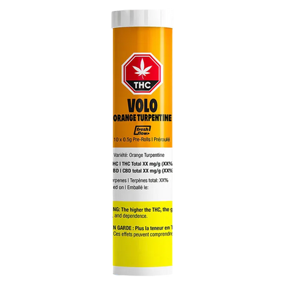 Front-on view of a tall yellow tube labeled "Orange Turpentine PR 10 x 0.5 g" with a red THC stop sign logo and black VOLO branding.