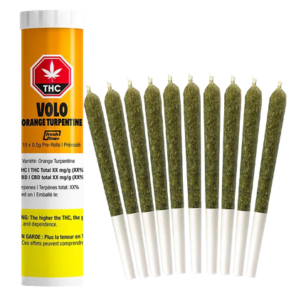 Right-side view of ten pre-rolled joints arranged upright beside a left-standing Orange Turpentine PR 10 x 0.5 g labeled tube.