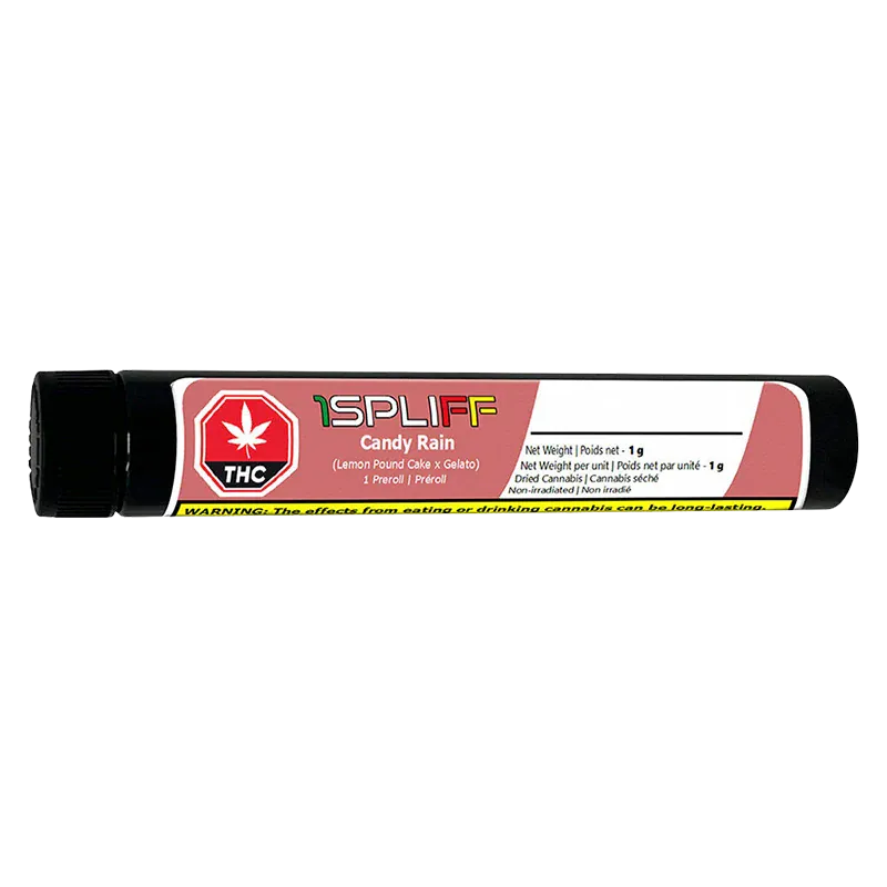 Side view of a black plastic tube labeled "Spliff Candy Rain Premium Glass Tip PR 1 x 1 g" with red and white branding and a THC symbol.