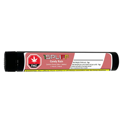 Side view of a black plastic tube labeled "Spliff Candy Rain Premium Glass Tip PR 1 x 1 g" with red and white branding and a THC symbol.
