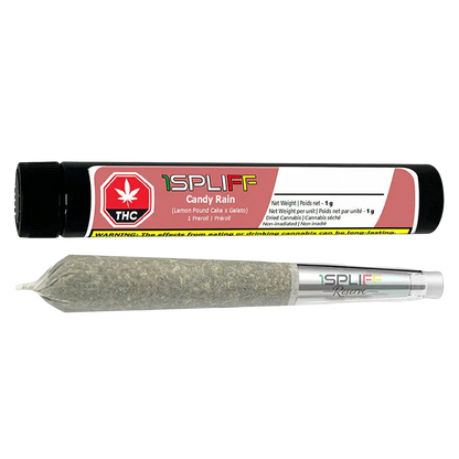 Horizontal product shot of a rolled joint and black tube packaging labeled "Candy Rain Premium Glass Tip PR 1 x 1 g" laid against a white background.