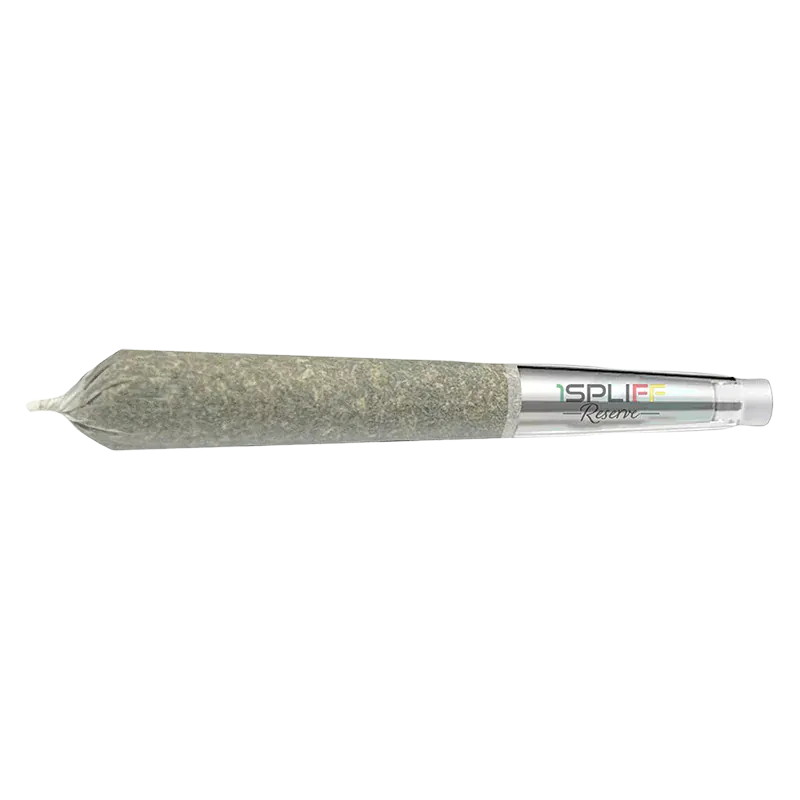 Side view of the Candy Rain Premium Glass Tip PR 1 x 1 g pre-roll showing the paper-wrapped herb tapering to a twisted tip and a clear glass filter with the colorful logo.