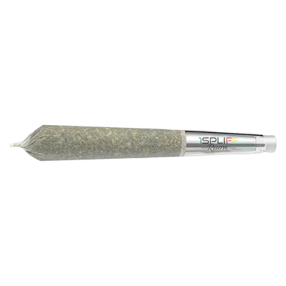 Side view of the Candy Rain Premium Glass Tip PR 1 x 1 g pre-roll showing the paper-wrapped herb tapering to a twisted tip and a clear glass filter with the colorful logo.