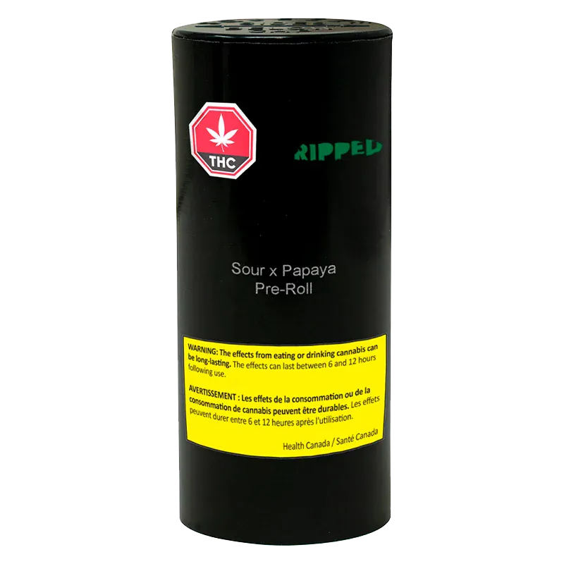 Front view of the black cylinder labeled Sour x Papaya PR 7 x 0.5 g pre-roll with a red THC symbol and yellow warning panel.