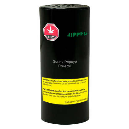 Front view of the black cylinder labeled Sour x Papaya PR 7 x 0.5 g pre-roll with a red THC symbol and yellow warning panel.