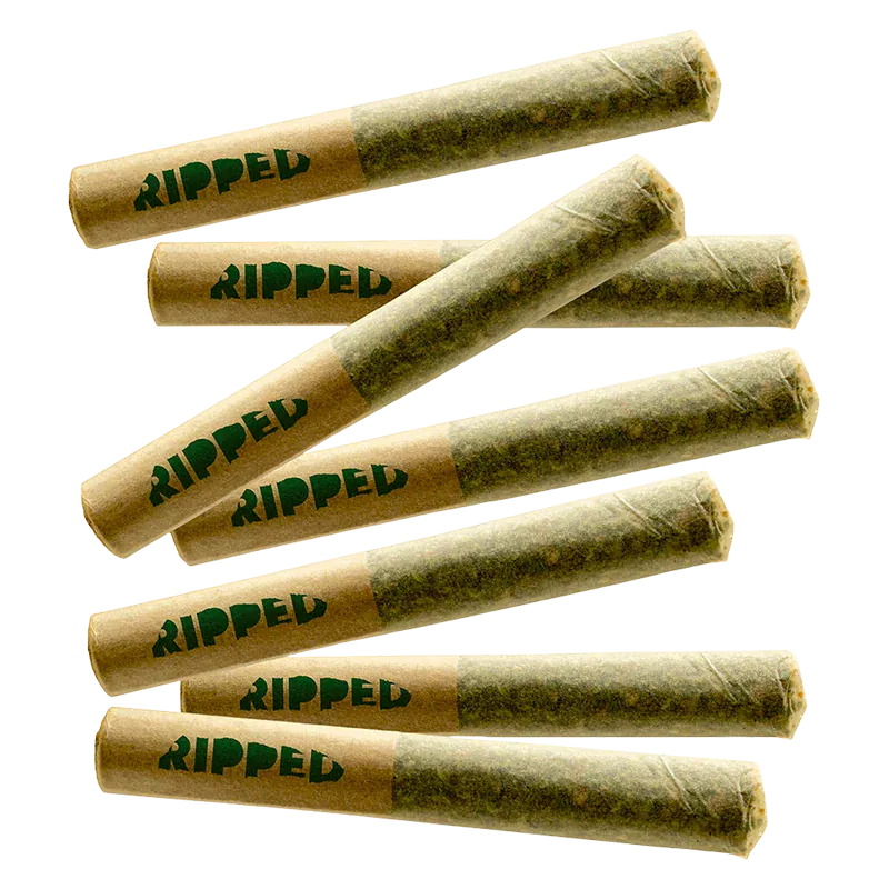 Angled top-down view of seven rolled joints labeled "Sour x Papaya PR 7 x 0.5 g" with brown paper tips printed "RIPPED" against a white background
