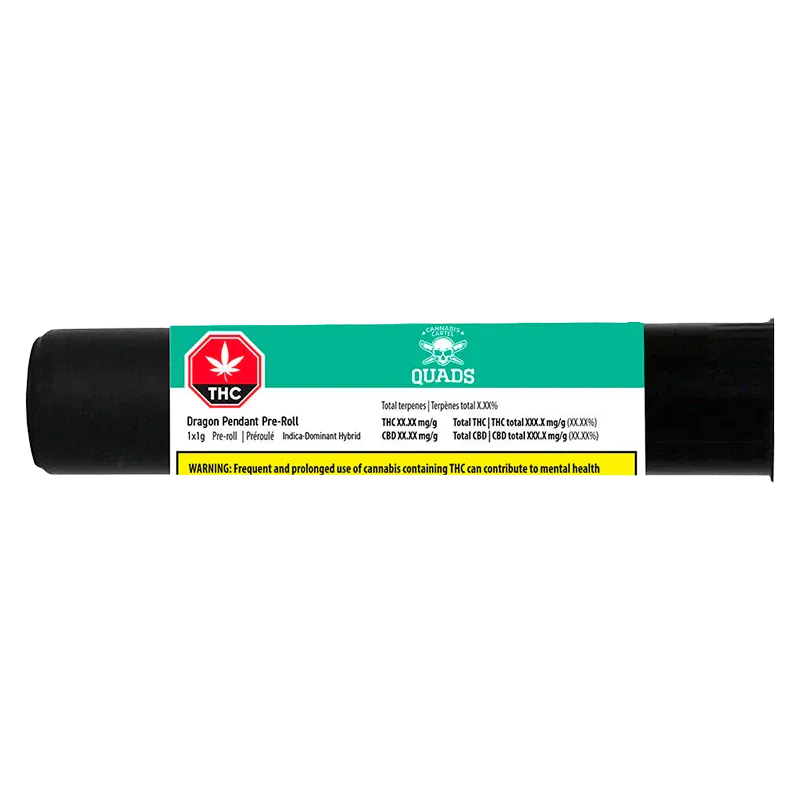 Straight-on view of the Dragon Pendant PR 1 x 1 g pre-roll tube with teal and white Quads-style label and visible THC warning strip.