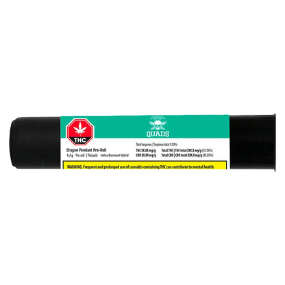 Straight-on view of the Dragon Pendant PR 1 x 1 g pre-roll tube with teal and white Quads-style label and visible THC warning strip.