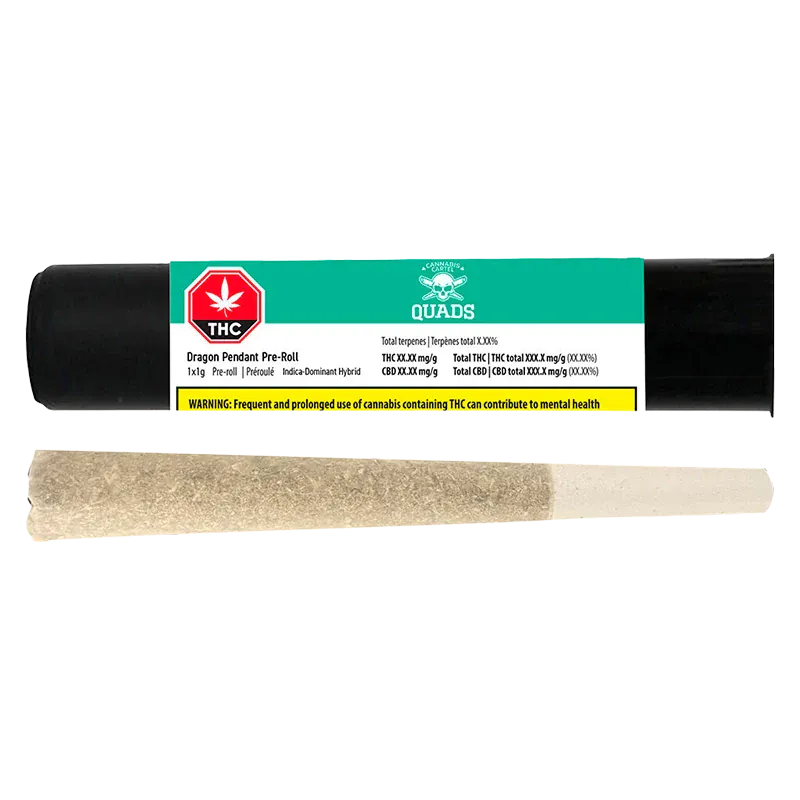 Top-down view of a rolled joint in front of a black tube packaging labeled "Dragon Pendant PR 1 x 1 g".