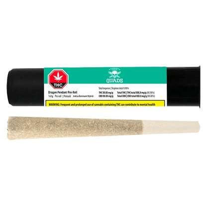 Top-down view of a rolled joint in front of a black tube packaging labeled "Dragon Pendant PR 1 x 1 g".