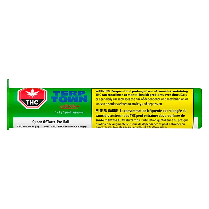 Horizontal product shot of a green tube labeled Queen of Tartz PR 1 x 1 g with THC and warning panels visible