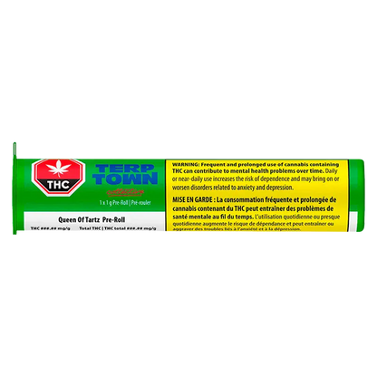 Horizontal product shot of a green tube labeled Queen of Tartz PR 1 x 1 g with THC and warning panels visible