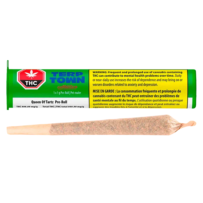 Horizontal close-up of a pre-rolled joint in front of a green tube package labeled Queen of Tartz PR 1 x 1 g.