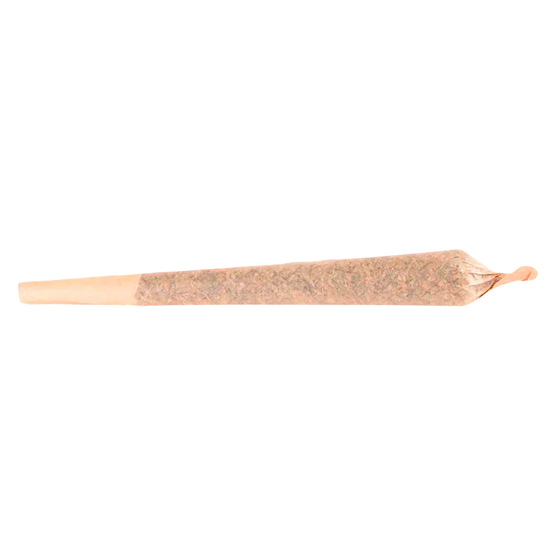 Side-on view of a rolled joint on white background labeled Queen of Tartz PR 1 x 1 g, showing the twisted tip and crutch end.