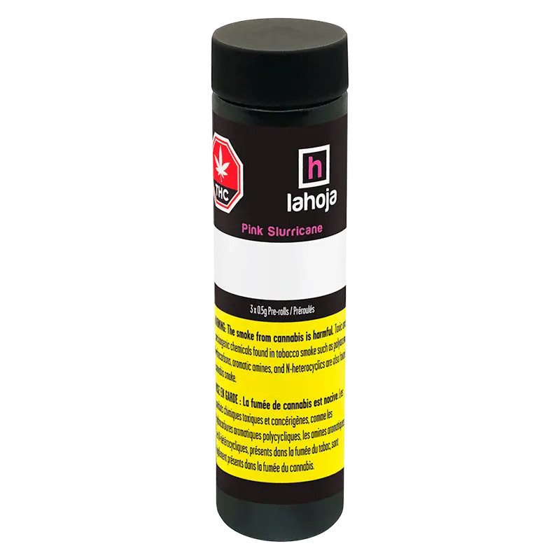 Front-facing shot of the Pink Slurricane PR 3 x 0.5 g black canister with pink and yellow labels showing the lahoja logo and THC symbol.